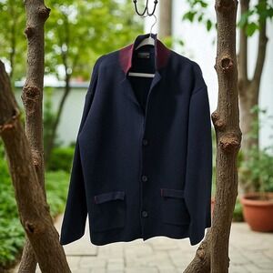 GIONFRIDDO Italian Wool Blend Cardigan Sweater Mens XL Navy Red Trim